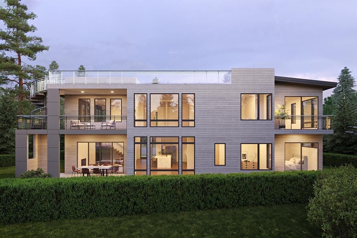 Modern house plan exterior with three stories, large windows, balconies, spiral staircase, and flat roof.