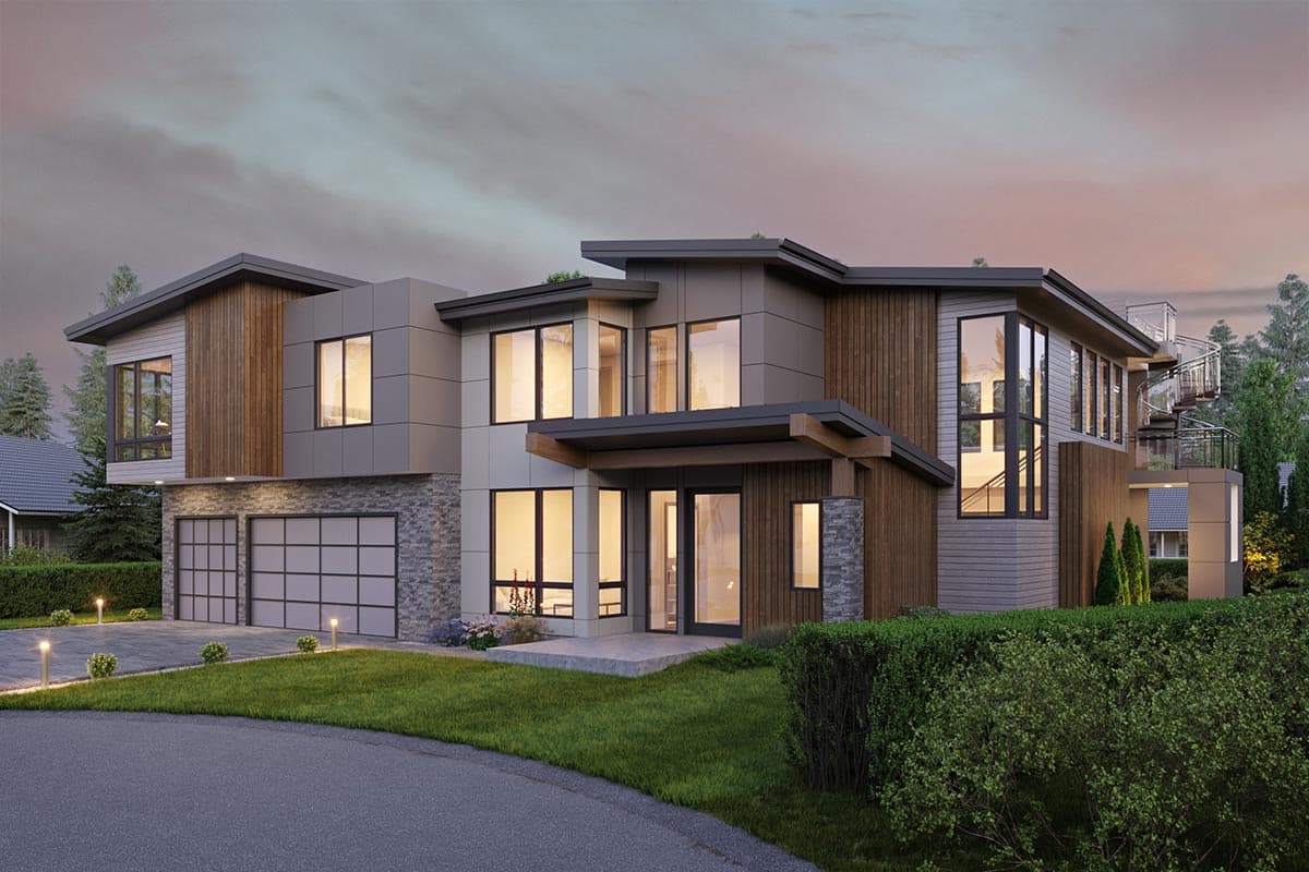 Modern house plan exterior with multiple gables, wood and stone accents, and a two-car garage.