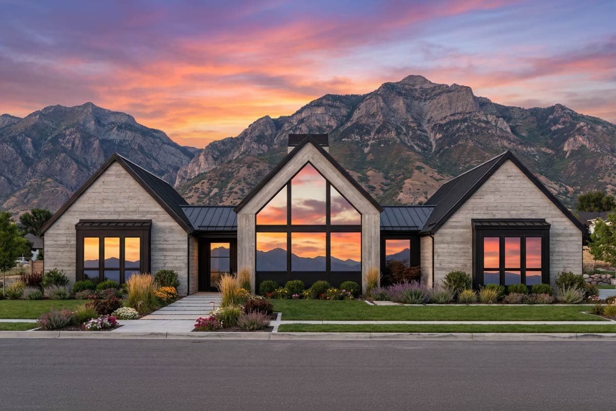 Modern house plan exterior with asymmetric gables, standing seam metal roof, large corner windows, and a prominent central gable window.