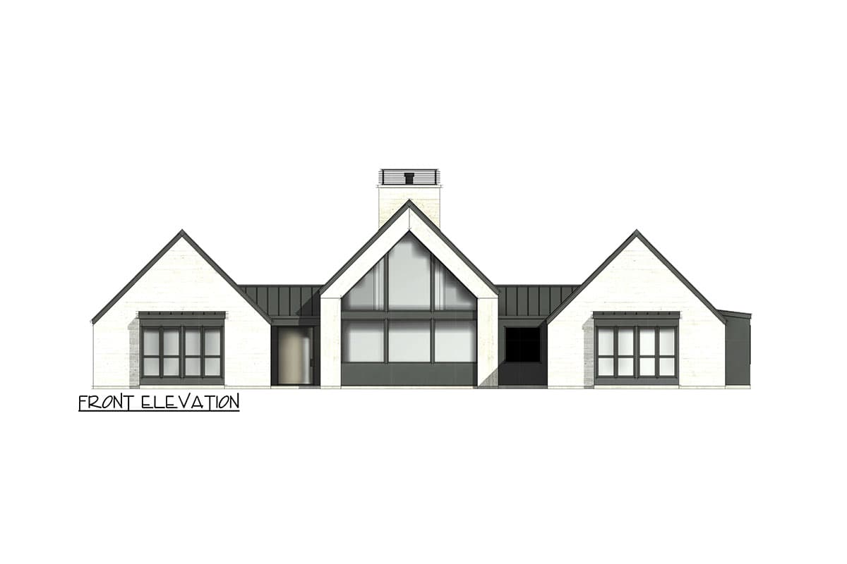 Front elevation drawing of a one-story house with gabled roof, large central window, and side windows.