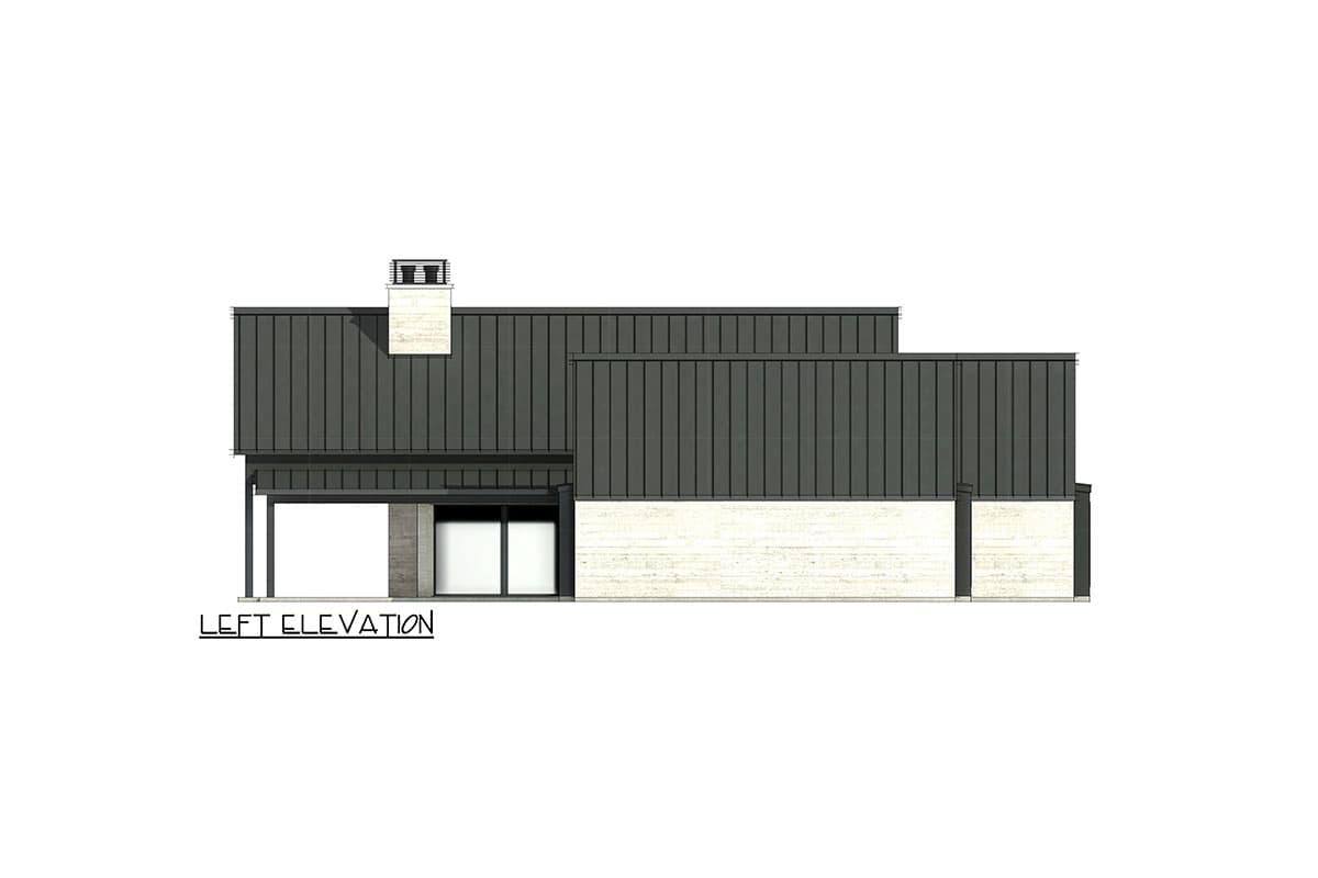 Left elevation of a house plan featuring a metal roof, white brick base, and prominent chimney.