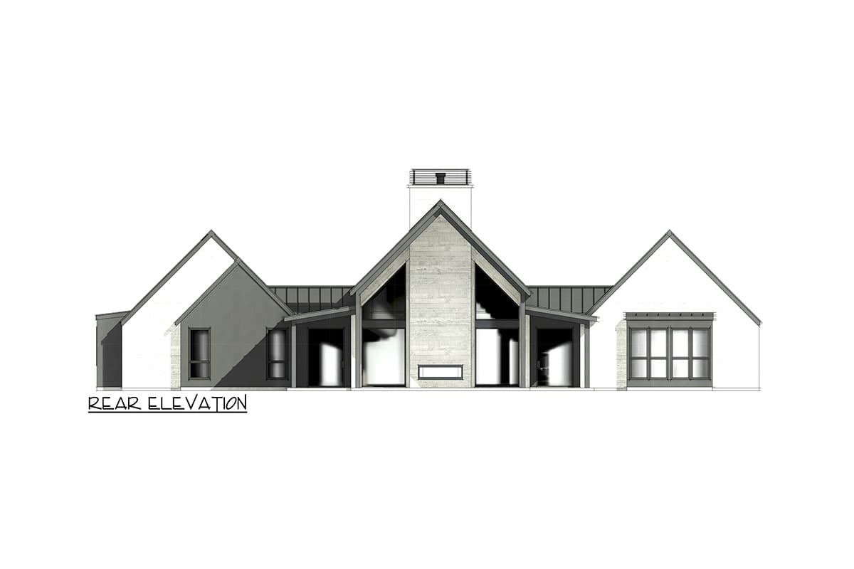 Rear elevation drawing of a modern house plan featuring asymmetrical gables, large windows, and a prominent central chimney.