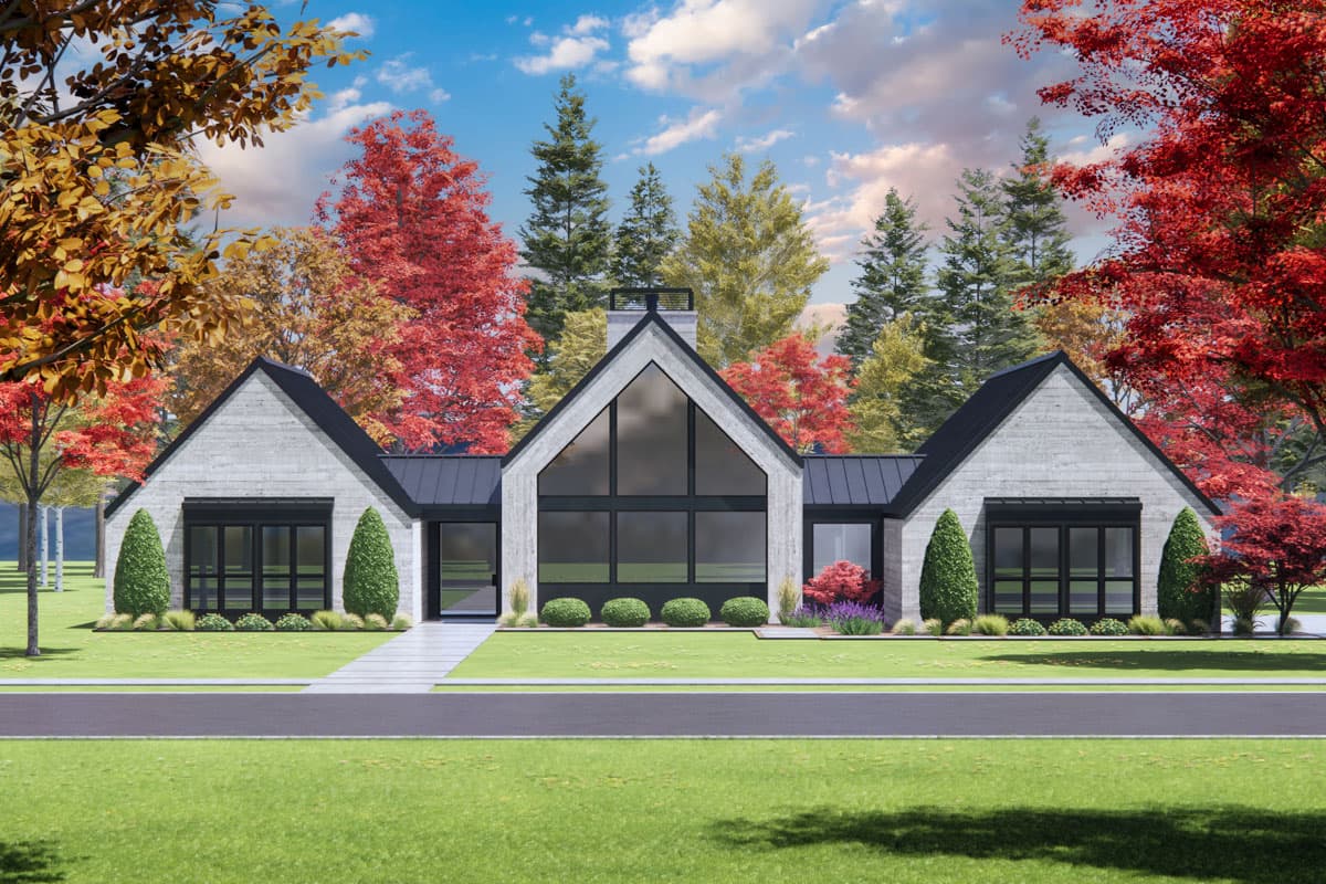 Modern farmhouse exterior house plan. Features include multiple gables, a central glass wall, and a dark metal roof. One-story home.