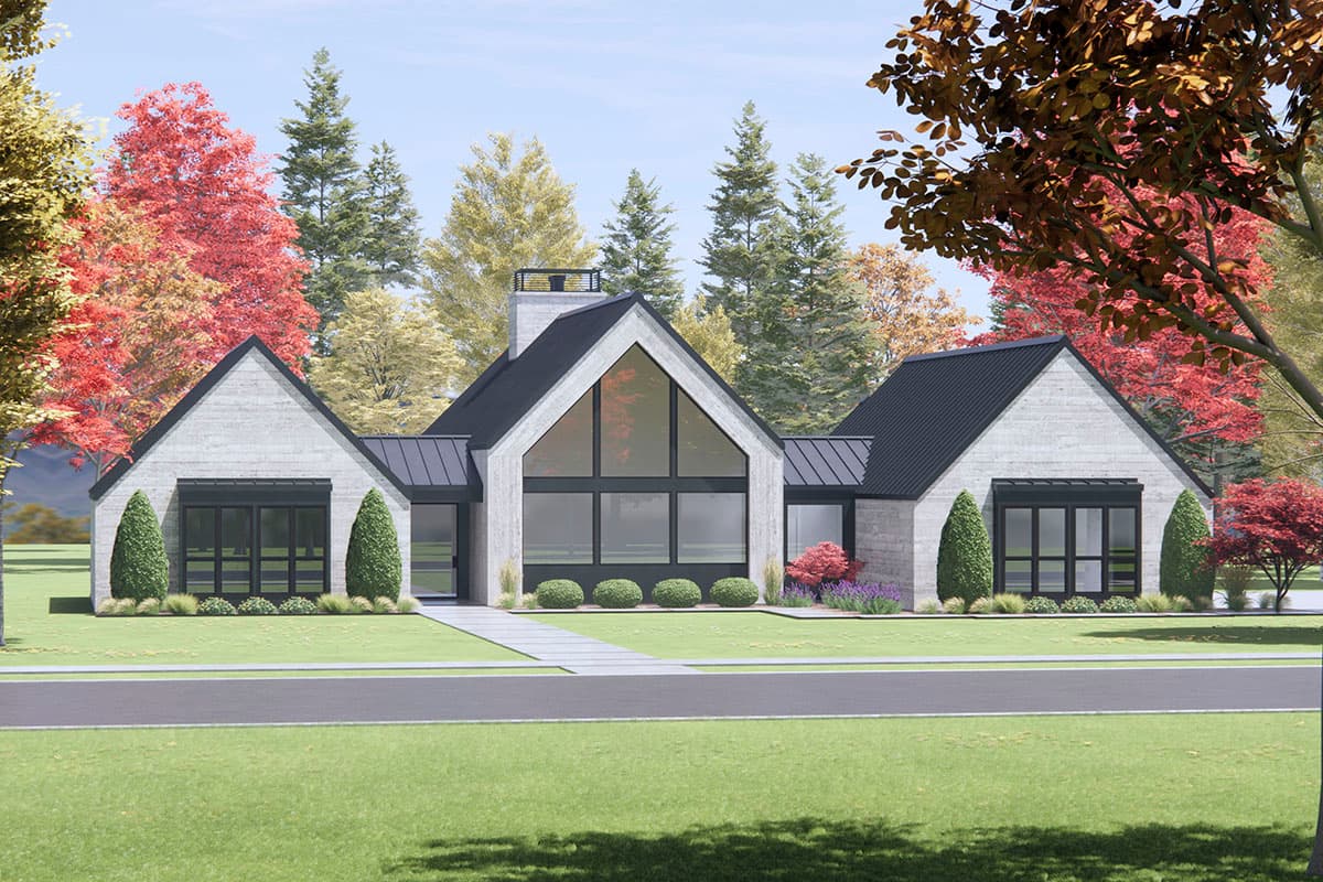 Modern house plan exterior with gabled rooflines, concrete siding, large A-frame window, and metal roof.