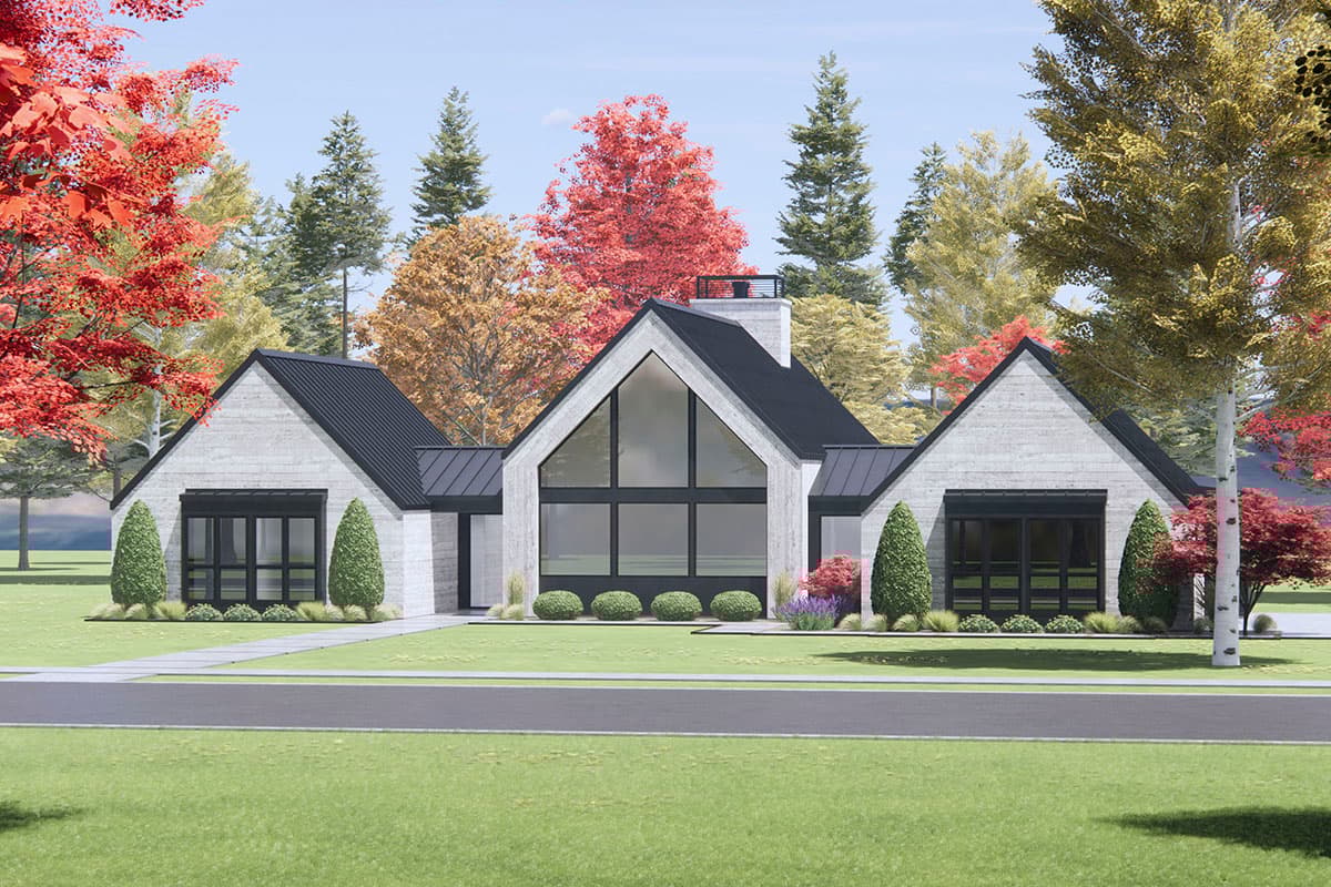 House plan exterior: Modern style, pitched gable roof, large center window, side gables with dark framed windows.