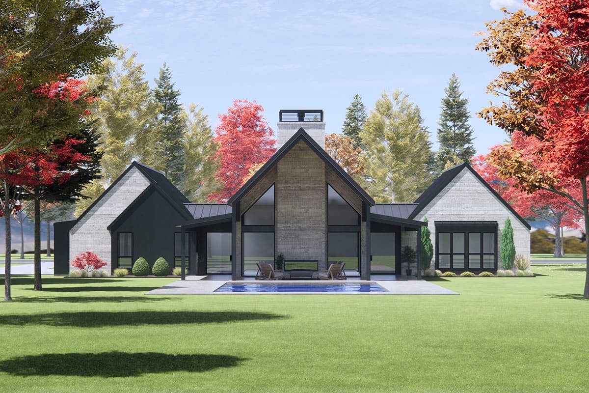 Modern house plan exterior with asymmetric gables, concrete finish, metal roof, and large glass windows.