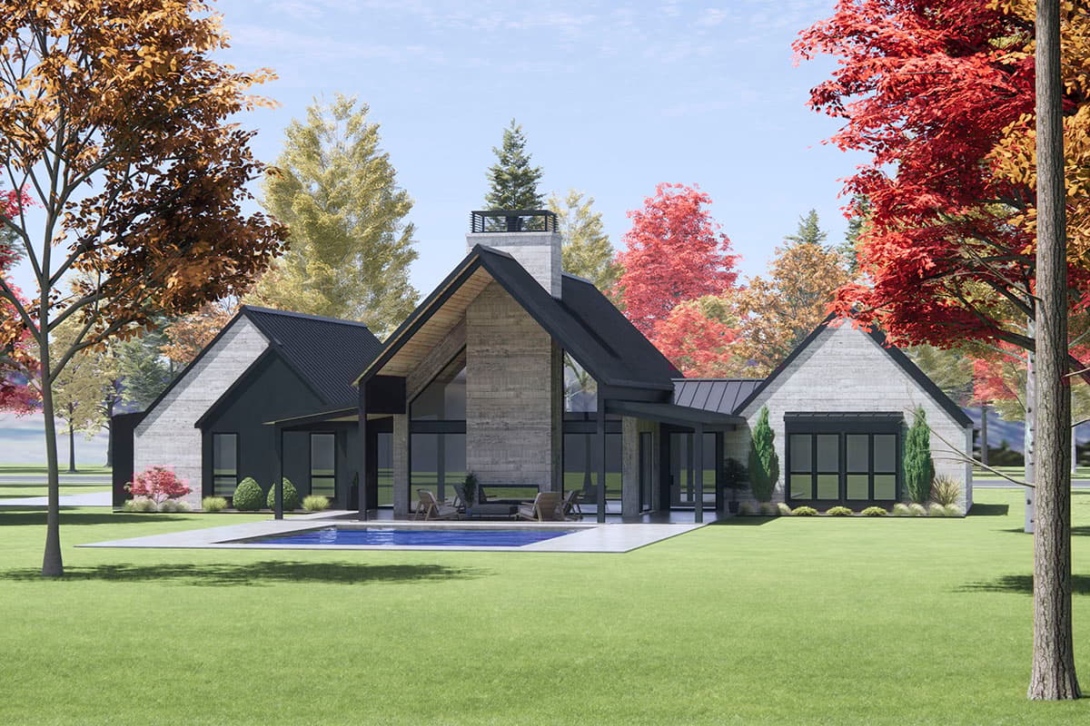 Modern house plan exterior with gabled roof, concrete facade, metal roof, and prominent chimney.