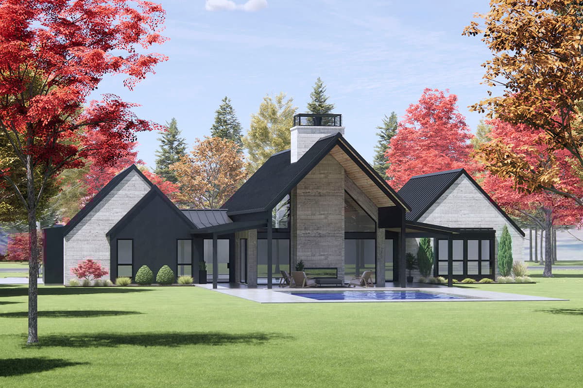 Modern house plan exterior with a steeply pitched roof, large glass windows, concrete and dark siding, and a prominent chimney.
