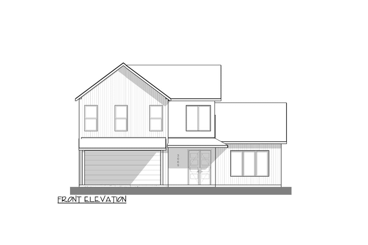 Front elevation drawing of a two-story house with a gable roof, attached garage, front porch, and multiple windows.