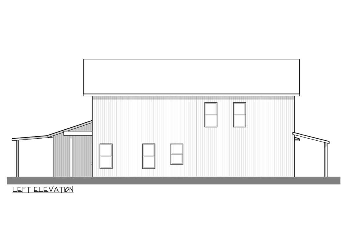 Left elevation house plan drawing shows two stories, vertical siding, and a covered porch on the left.