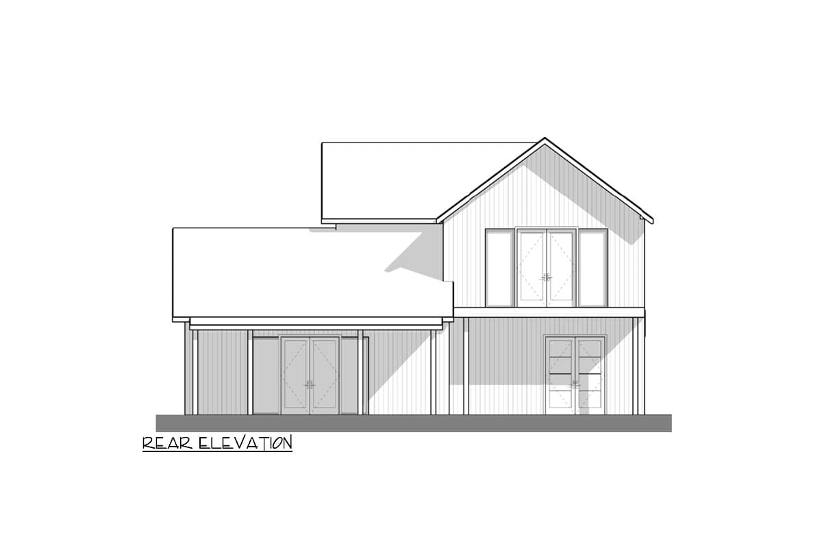 Rear elevation drawing of a two-story house with gabled roof, side-facing double doors on main floor, and double doors on upper floor.