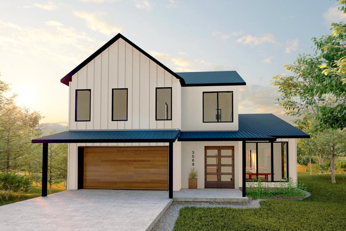House plan exterior. Two-story modern farmhouse with a gabled roof, a covered porch, and a garage with a wooden door.
