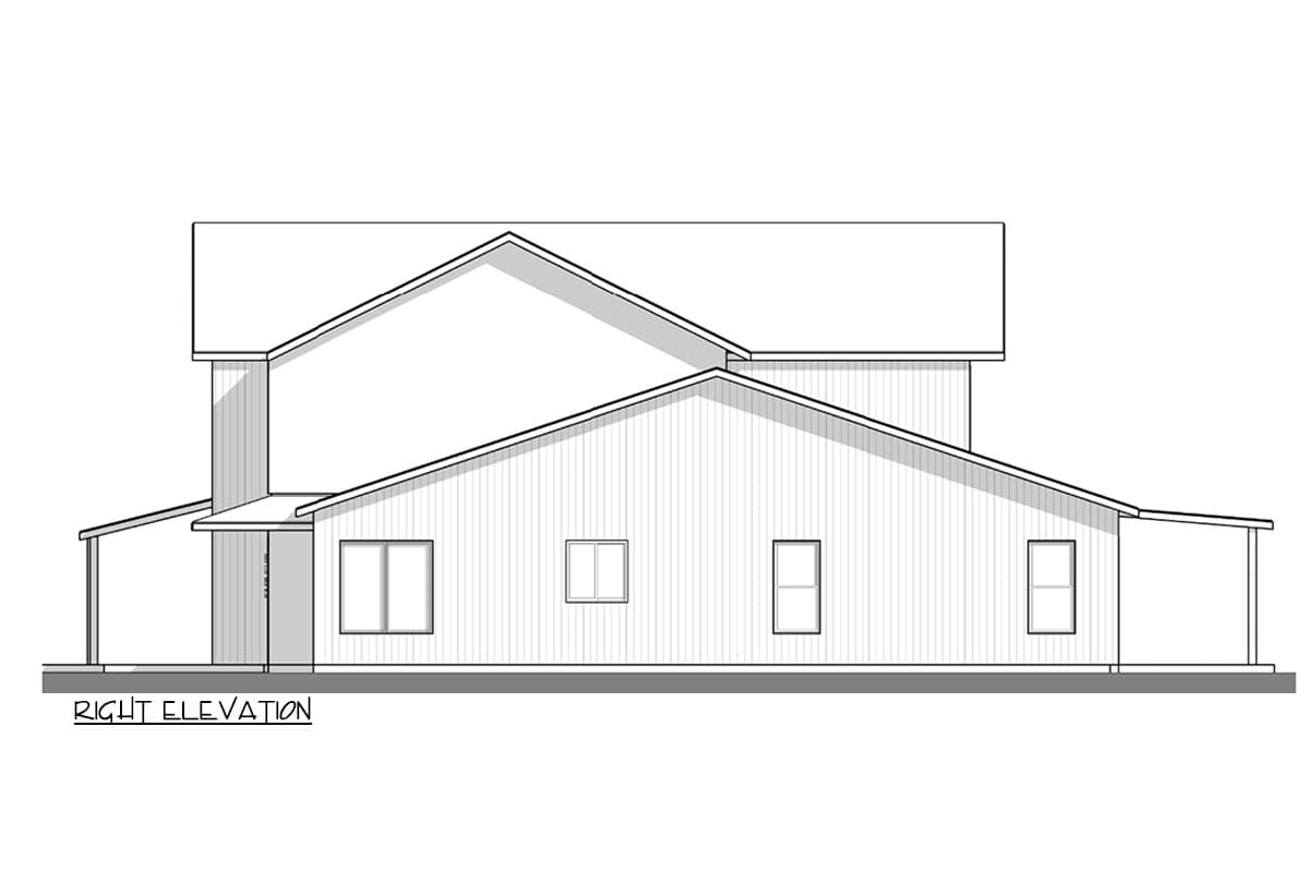 Right elevation of a two-story house plan featuring a mix of gable and shed rooflines and covered porch areas.