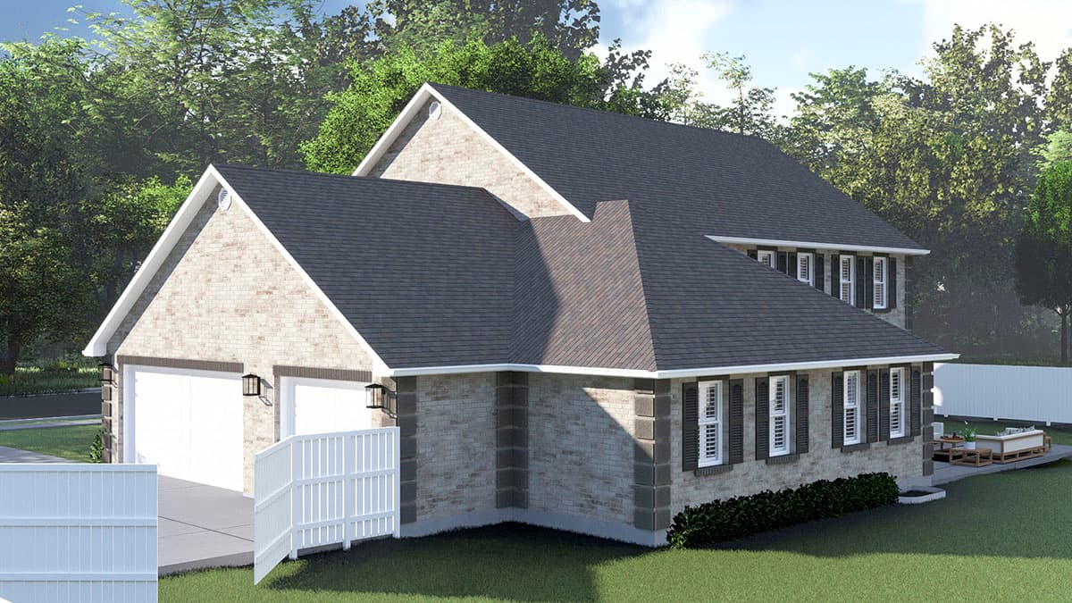 House plan exterior, two-story brick home with a gable roof, attached two-car garage, and a white vinyl fence.