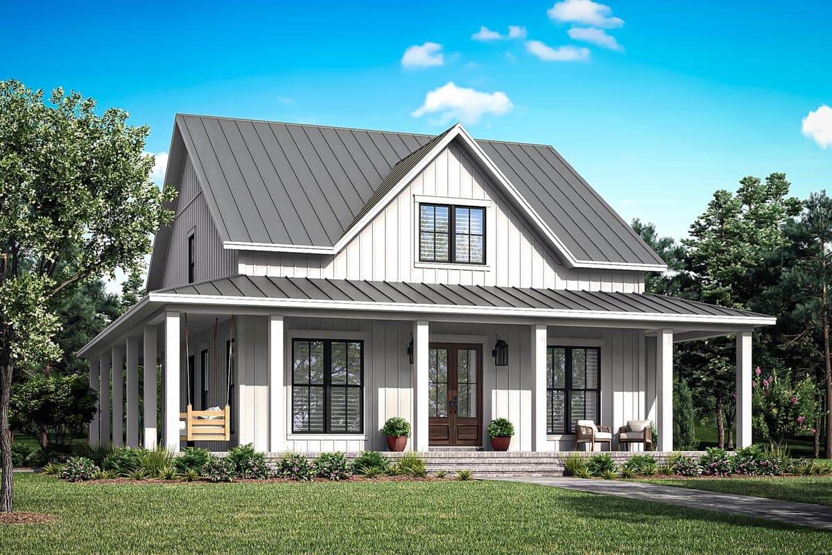 Modern Farmhouse house plan exterior with wraparound porch, metal roof, board and batten siding, and prominent gables.