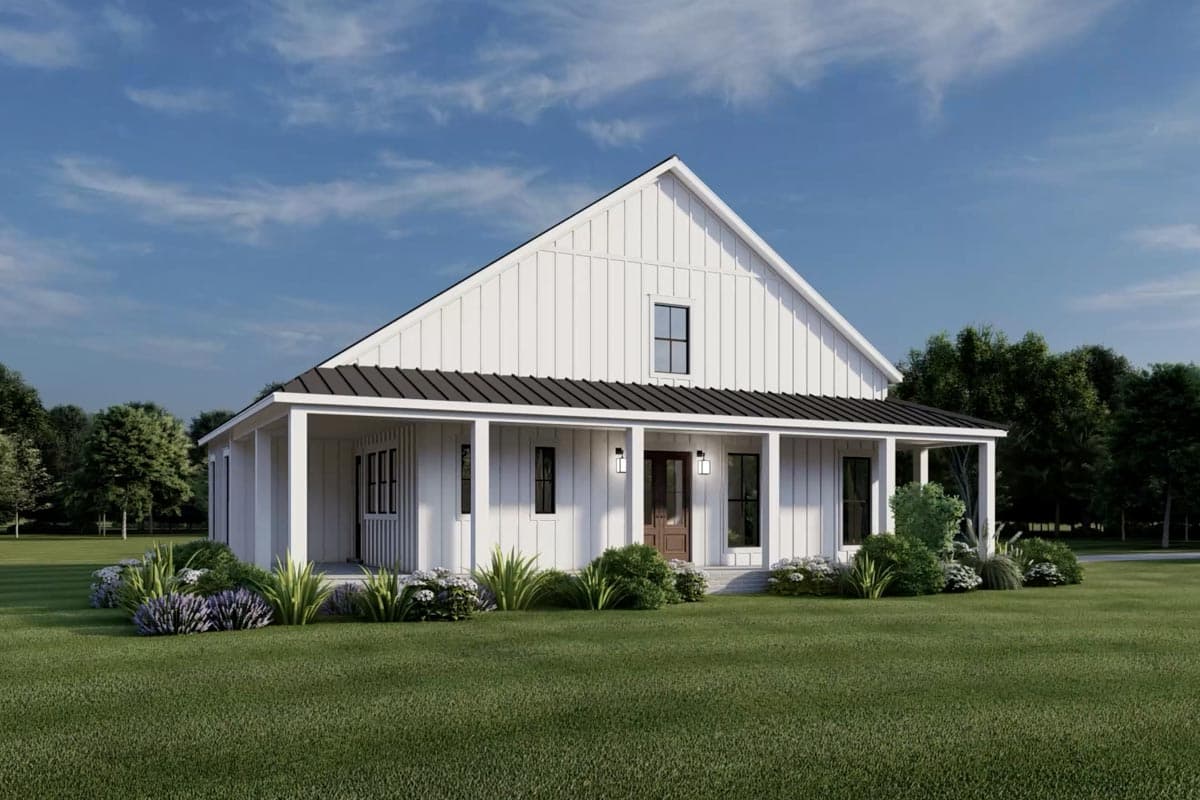 Modern Farmhouse house plan exterior featuring a wide wraparound porch, vertical siding, and a standing seam metal roof.