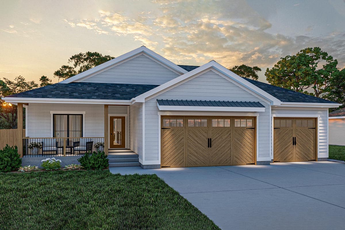Modern Farmhouse style house plan exterior with a covered front porch, single-story design, and a three-car front-facing garage.