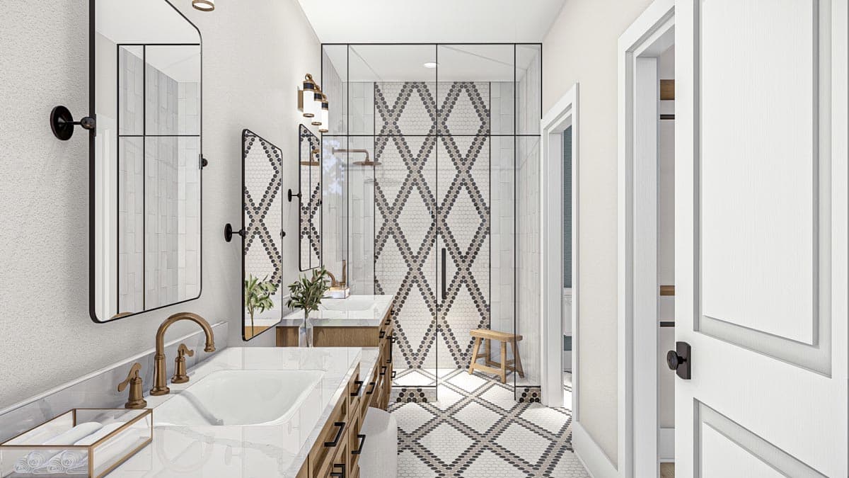 Bathroom with double vanity, large mirrors, glass-enclosed shower with geometric tile, and patterned floor.