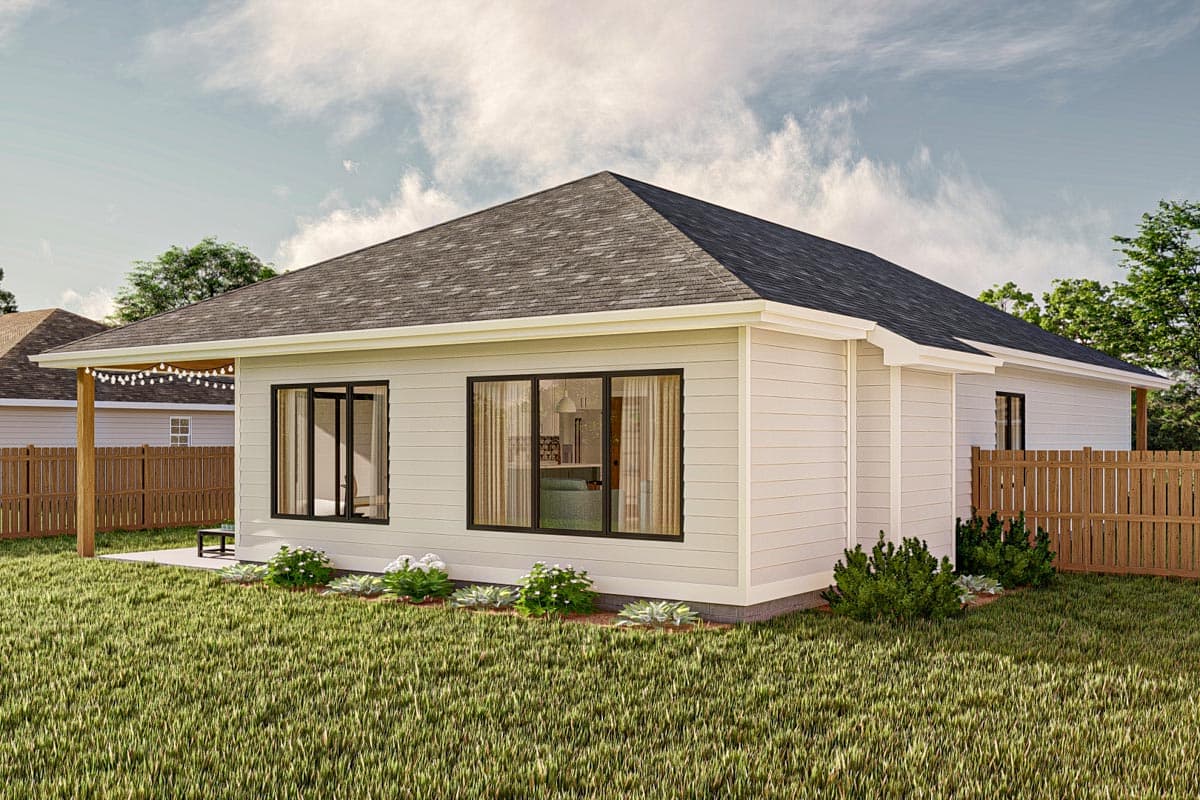 House plan exterior, one-story, white siding, large windows, hip roof, covered patio with string lights.