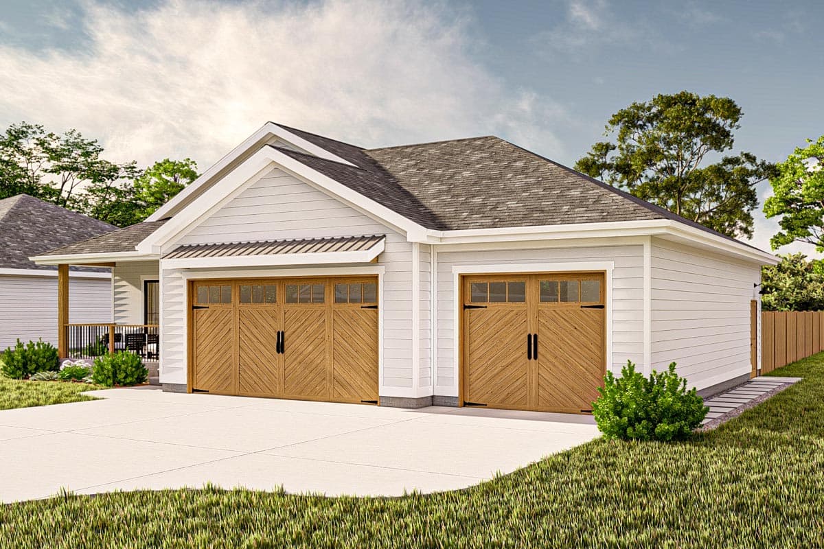 House plan exterior: Ranch style with attached two-car garage, horizontal siding, gable roof, and wooden garage doors.