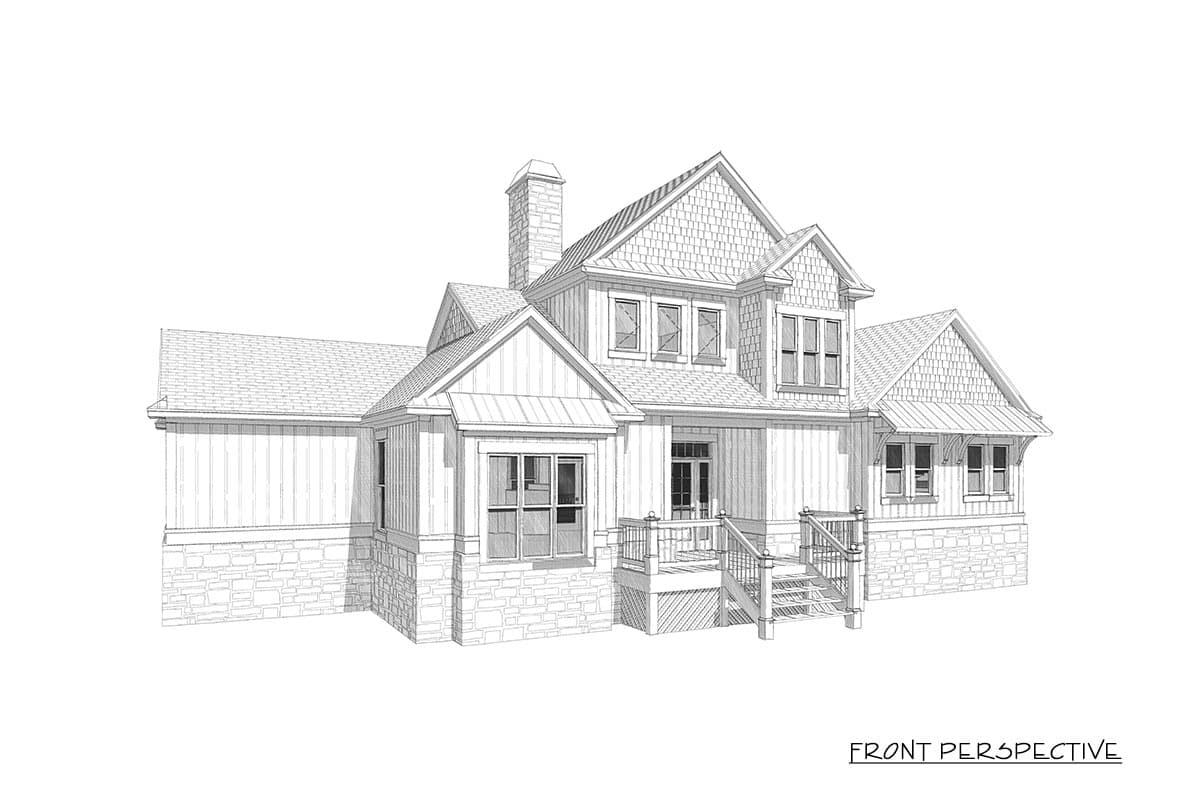 House plan exterior showing two stories, stone and board-and-batten siding, gables, dormers, and a prominent chimney.