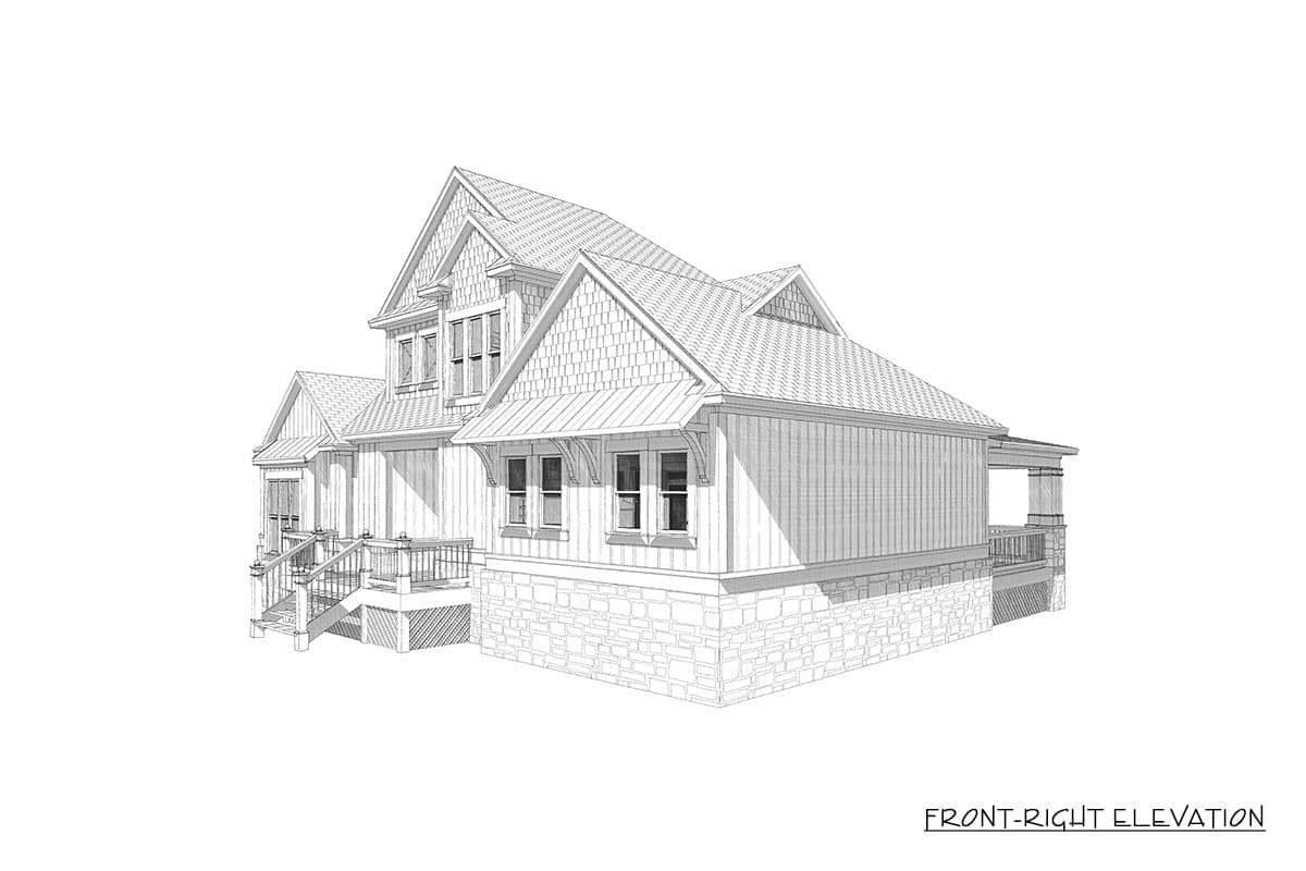 Front-right elevation drawing of a two-story house plan with stone base, siding, dormers, gables, and porch.