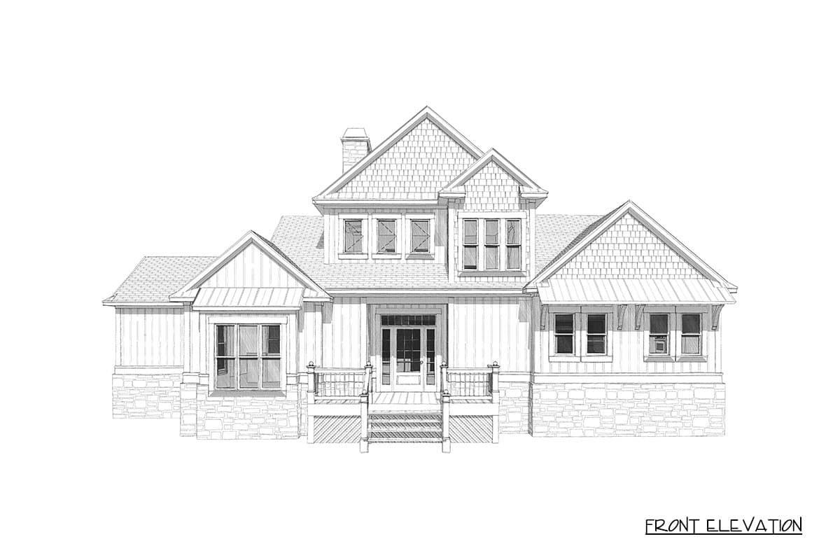 Front elevation drawing of a two-story house plan with gables, stone foundation, and a covered porch.