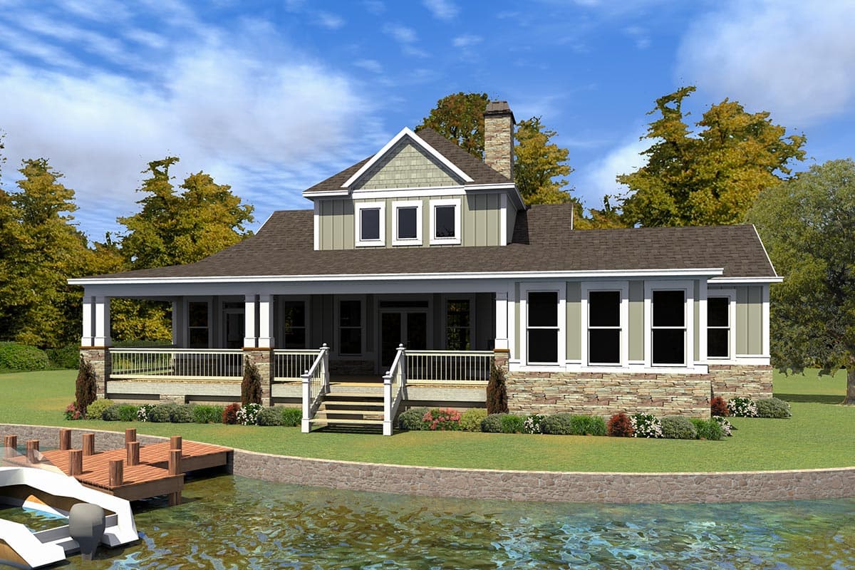 House plan exterior: Modern Farmhouse style, two stories, wraparound porch, stone base, and dormer windows.