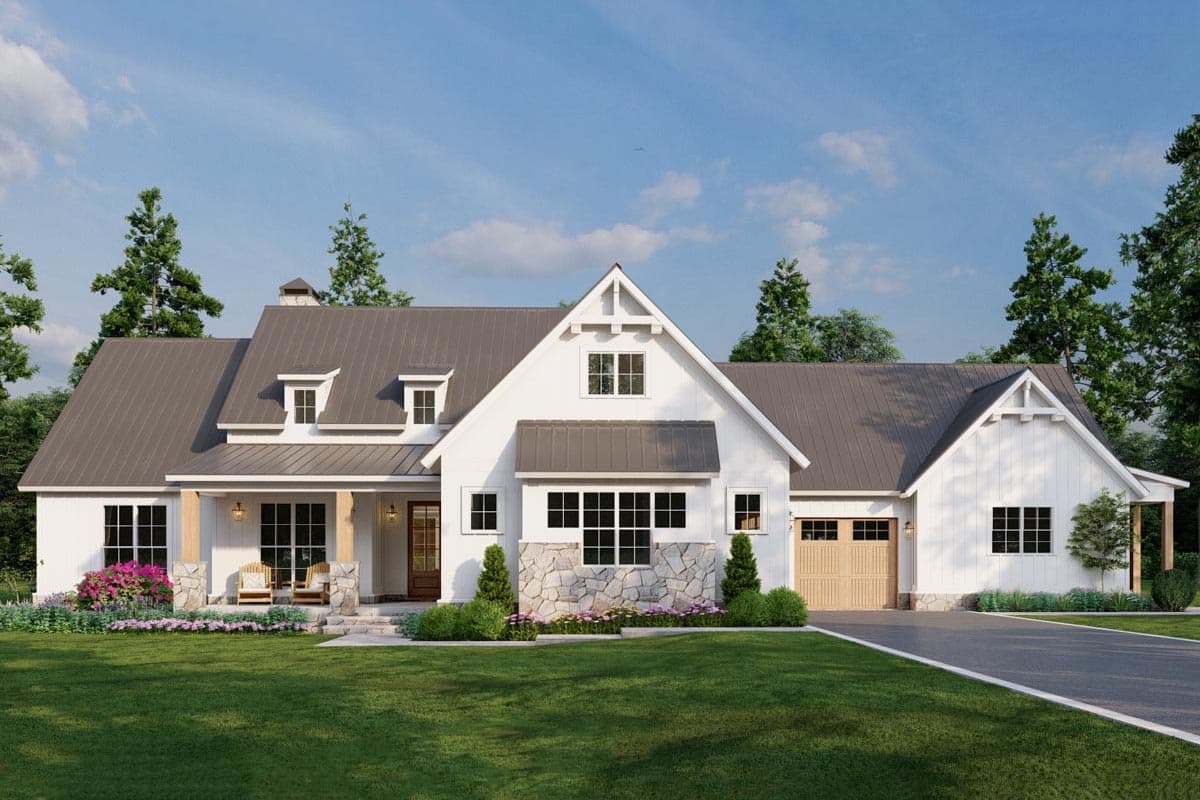House plan exterior. Modern Farmhouse style, one-story house with gabled roof, dormers, and a covered porch. Attached garage to the right.