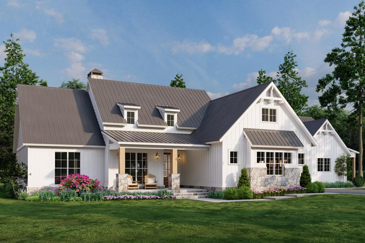 Modern Farmhouse house plan exterior with gabled dormers, metal roof, stone accents, and covered porch.
