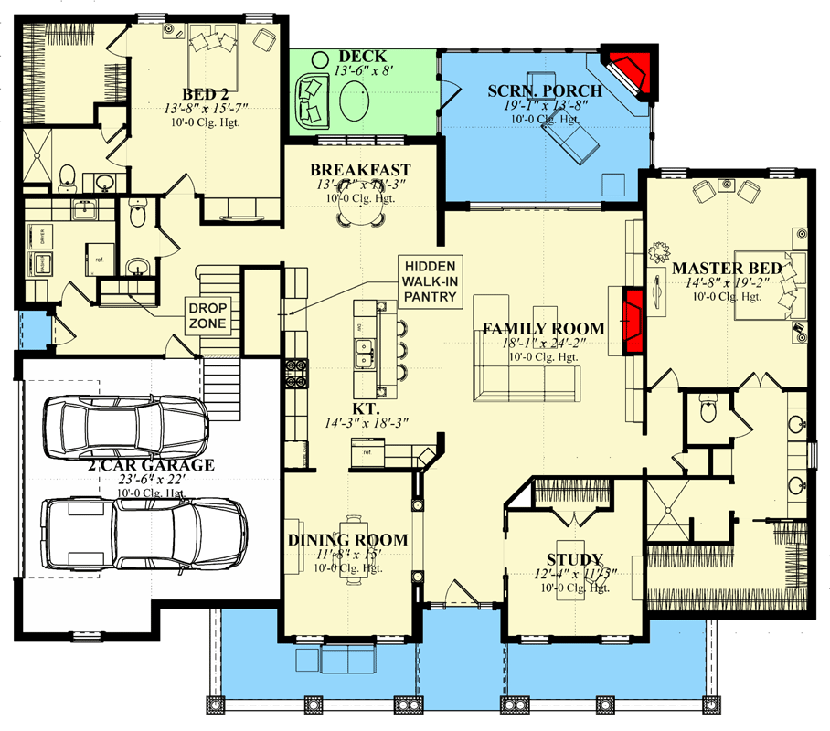 Plan 86396HH: 5-Bed Farmhouse Plan with Upper Level Game Room and 2-Car Side-Garage - Floor Plan - Main Level - Country, Farmhouse, New American, Traditional