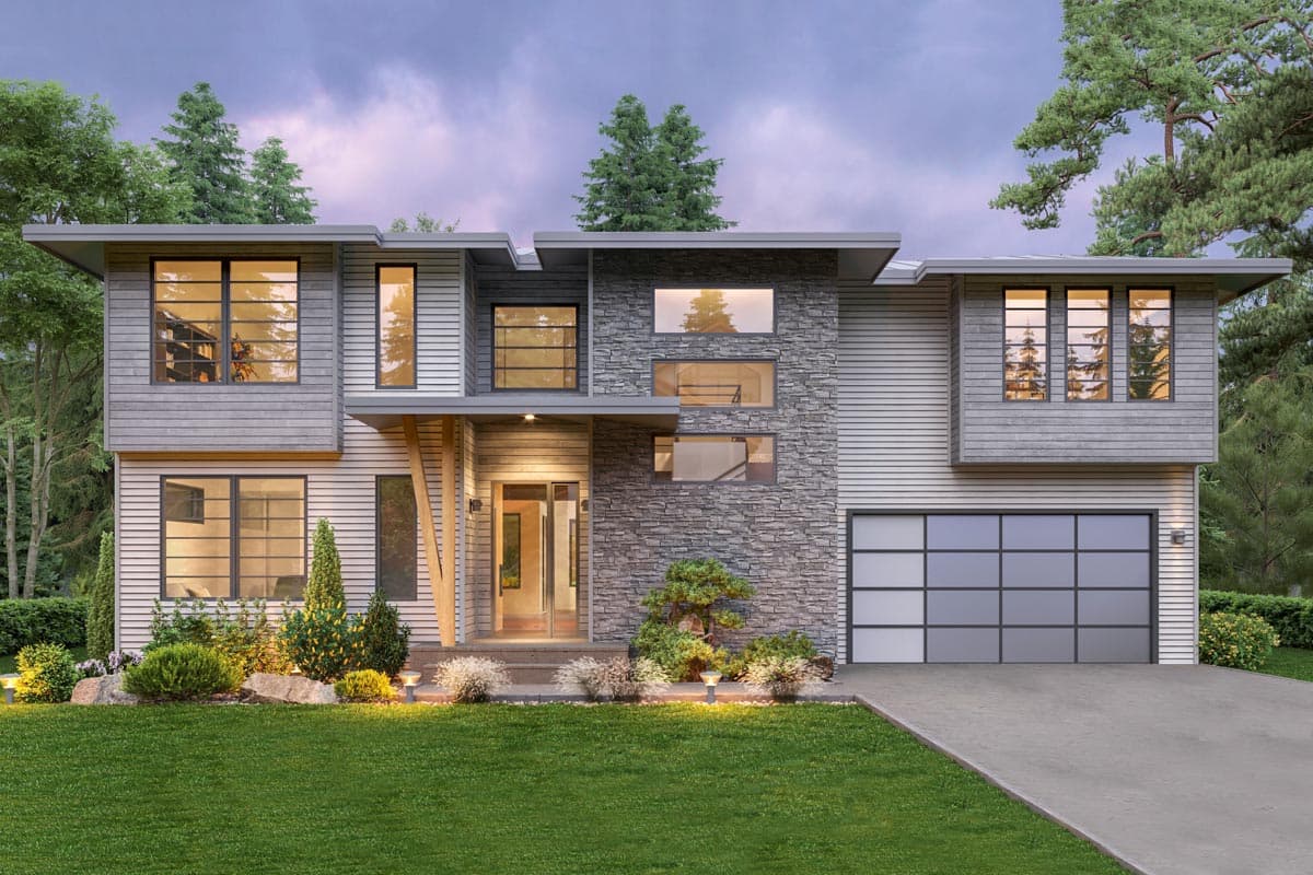 House plan exterior. Two-story Modern house with a flat roof, horizontal siding, and a stone facade. Features a glass garage door.