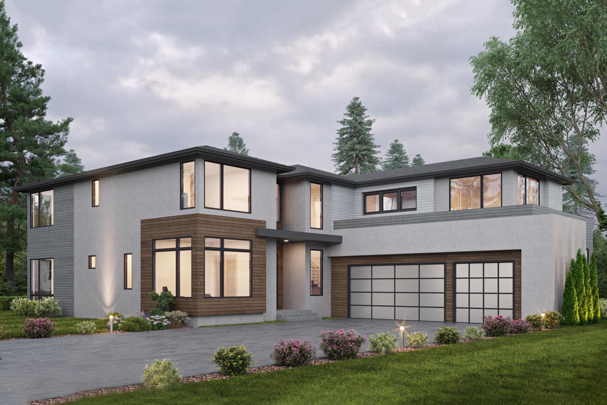 House plan exterior. Two-story modern home with flat roof, large windows, and a two-car garage. Features wood siding accents.