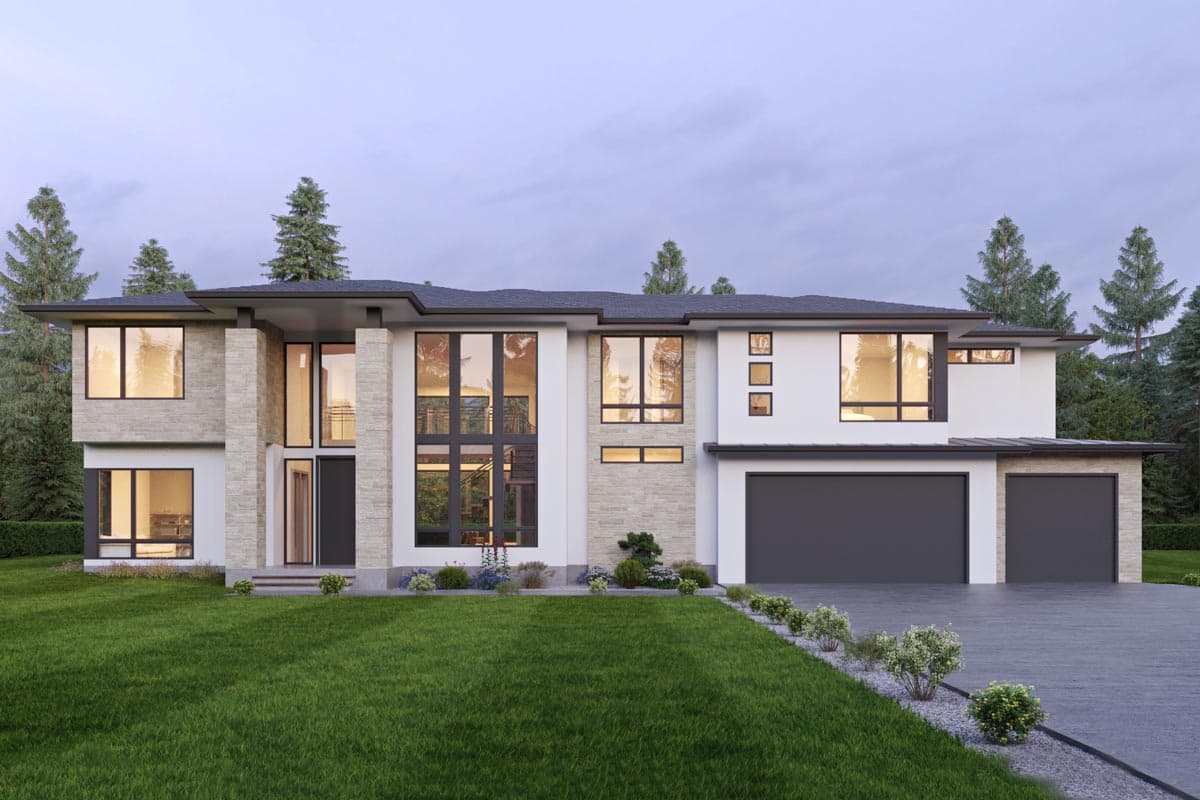 Modern house plan exterior with two stories, flat roof, stone and white facade, large windows, and attached garage.