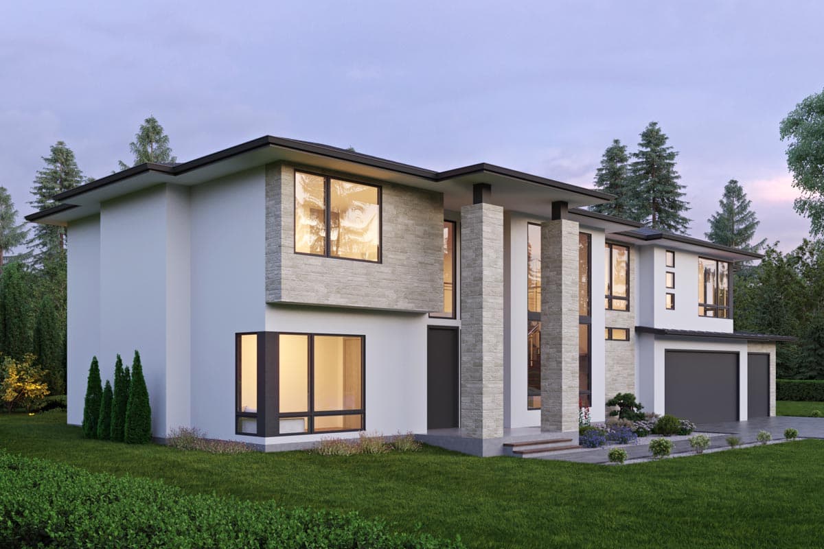 Modern two-story house plan exterior with stone accents, large windows, flat roof, and attached garage.