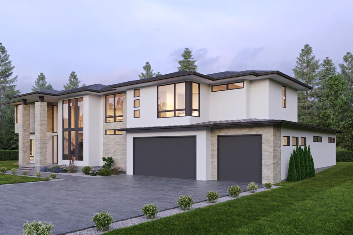 Modern two-story house plan exterior with stone accents, flat rooflines, large windows, and a triple-car garage.
