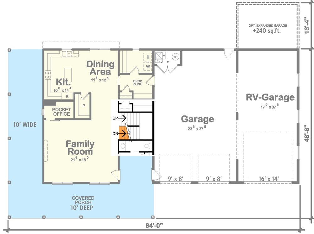 Plan 42726DB: 2042 Square Foot 3-Bed Barndominium-Style House Plan with RV Garage - Floor Plan - Basement Stairs - Barndominium, Country, Rustic