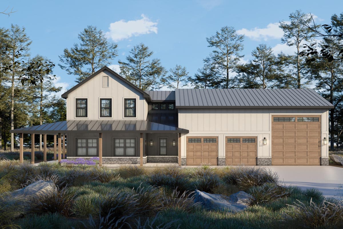 House plan exterior. Modern Farmhouse design with two stories, a covered porch, gabled roof, and a three-car garage.