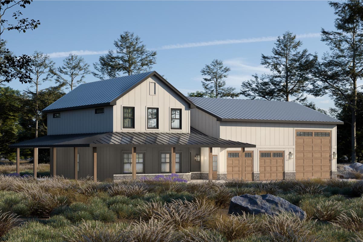 Modern Farmhouse two-story house plan exterior with metal roof, wrap-around porch, and attached three-car garage.