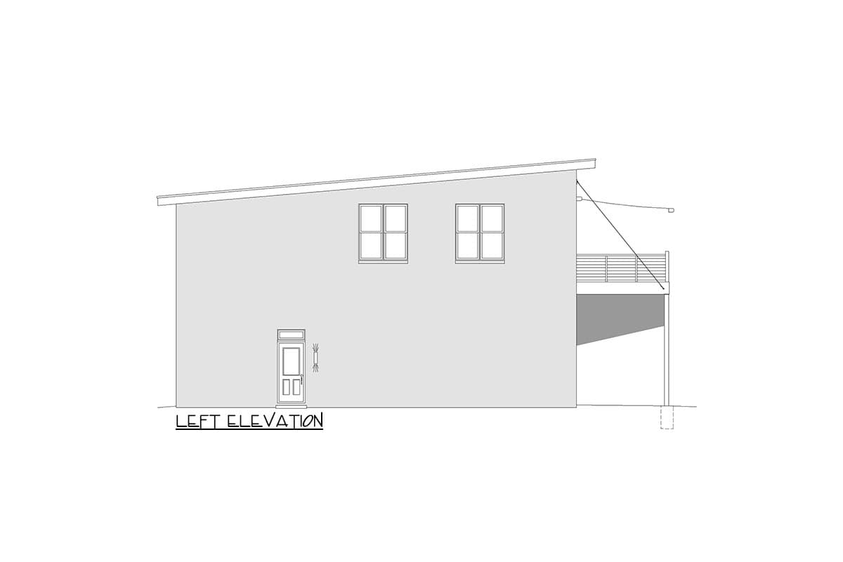 Left elevation drawing of a house with a sloped roof, two upper windows, a door, and a deck.