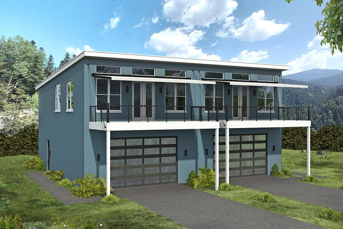 House plan exterior. Two-story, Modern design with a flat roof. Features include an upper-level balcony, glass garage doors, and a covered patio area.