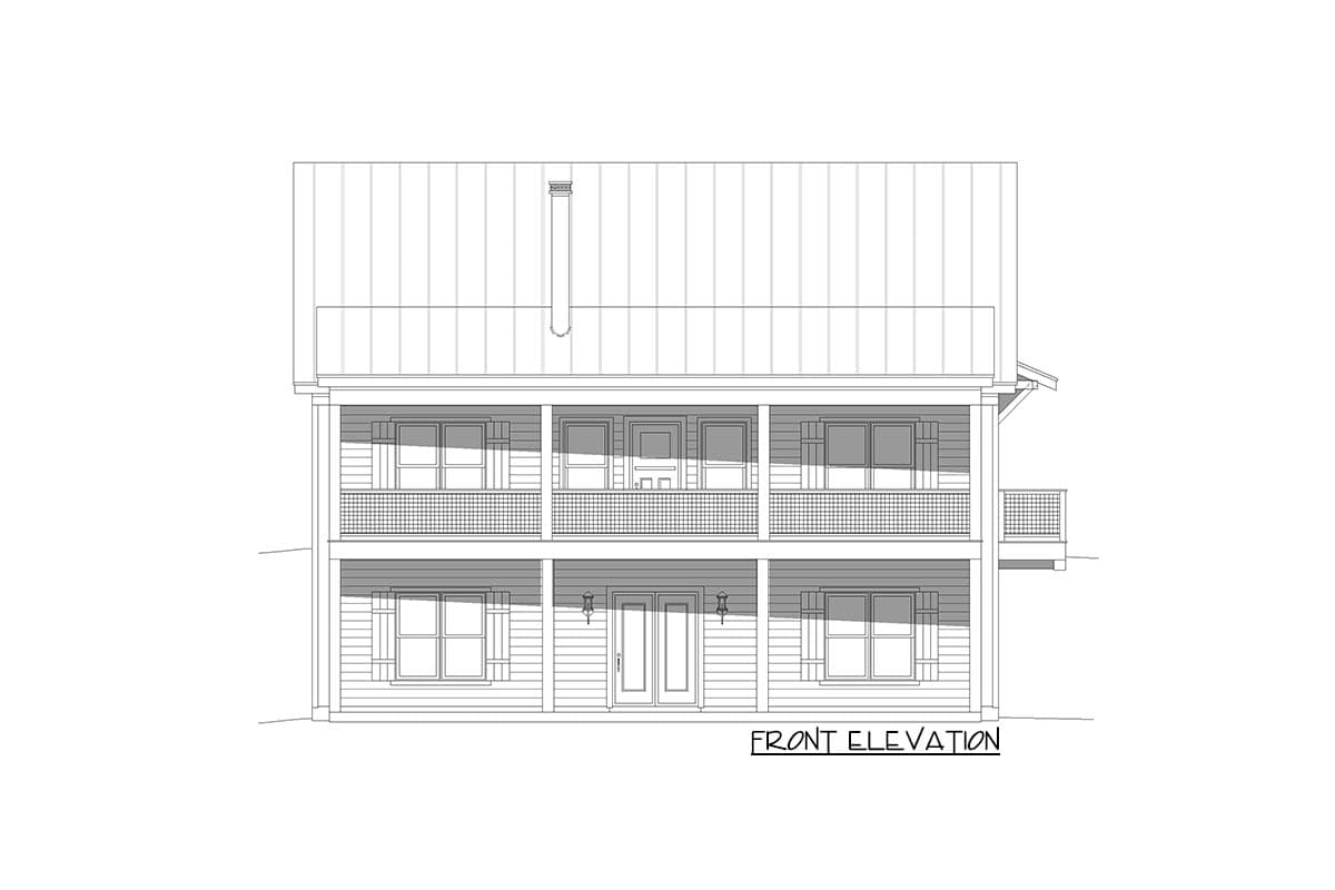 Front elevation drawing of a two-story house with double porches, central entry doors, and multiple windows.