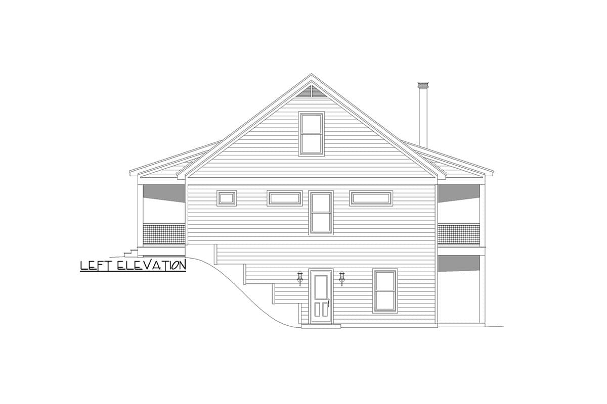 Left elevation drawing of a two-story house plan with a gabled roof, porch, and several windows.