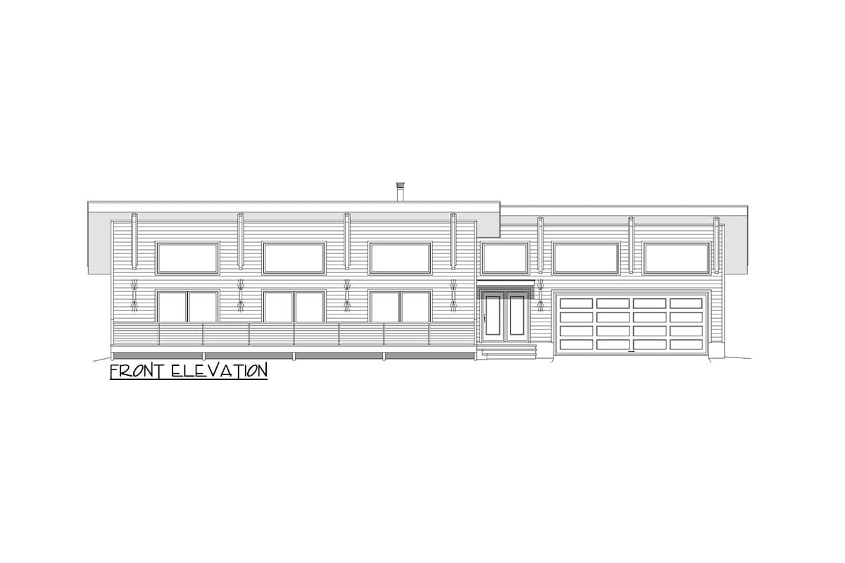 Front elevation drawing of a two-story modern house with a flat roof, horizontal siding, prominent windows, and an attached garage.