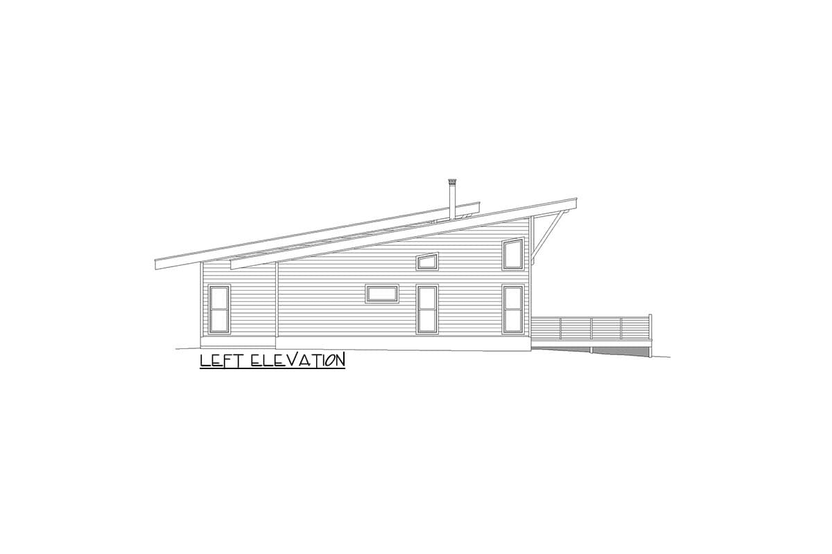 Left elevation drawing of a modern house with a prominent asymmetrical roofline, horizontal siding, and a wrap-around deck.