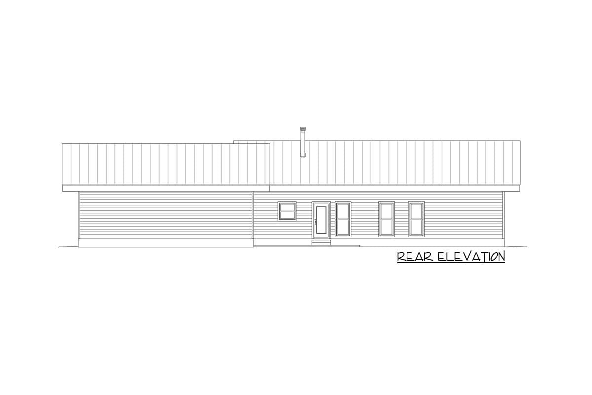 Rear elevation drawing of a one-story house plan with horizontal siding, a standing seam roof, and four windows.
