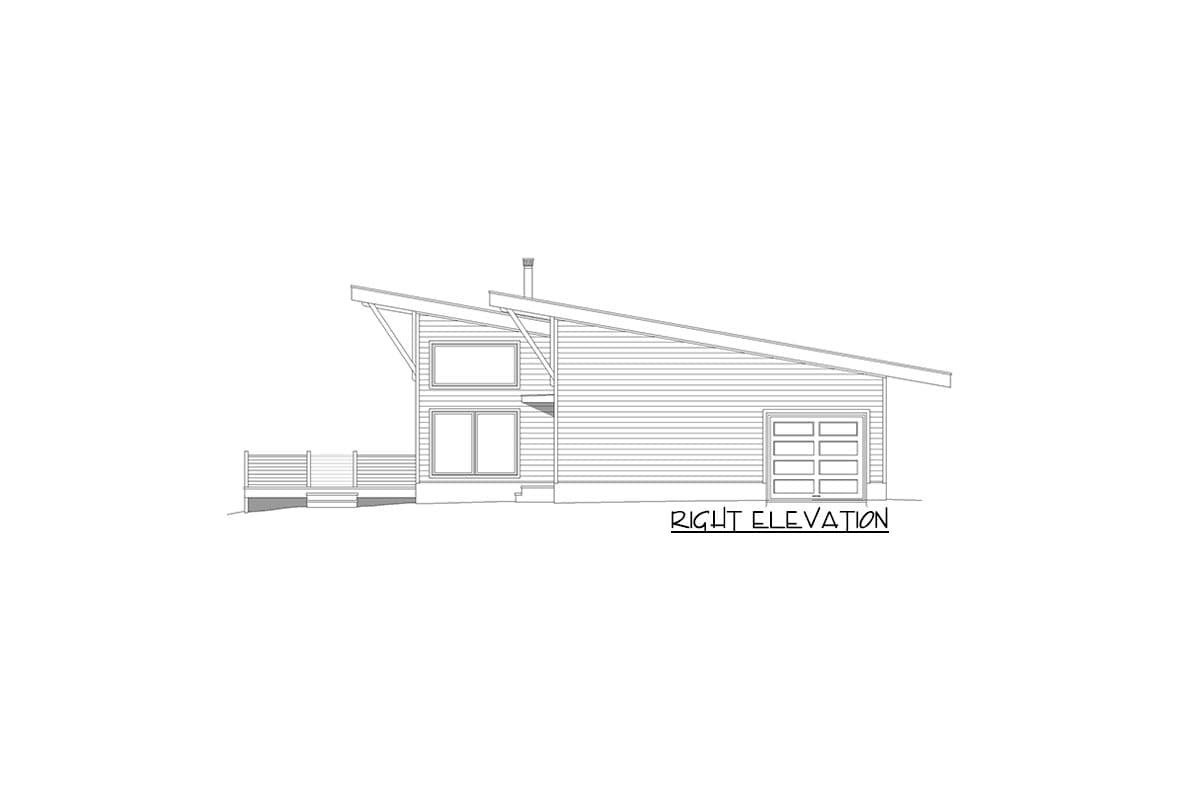 Right elevation of a house plan featuring a sloping roofline, multiple windows, a deck, and a one-car garage.