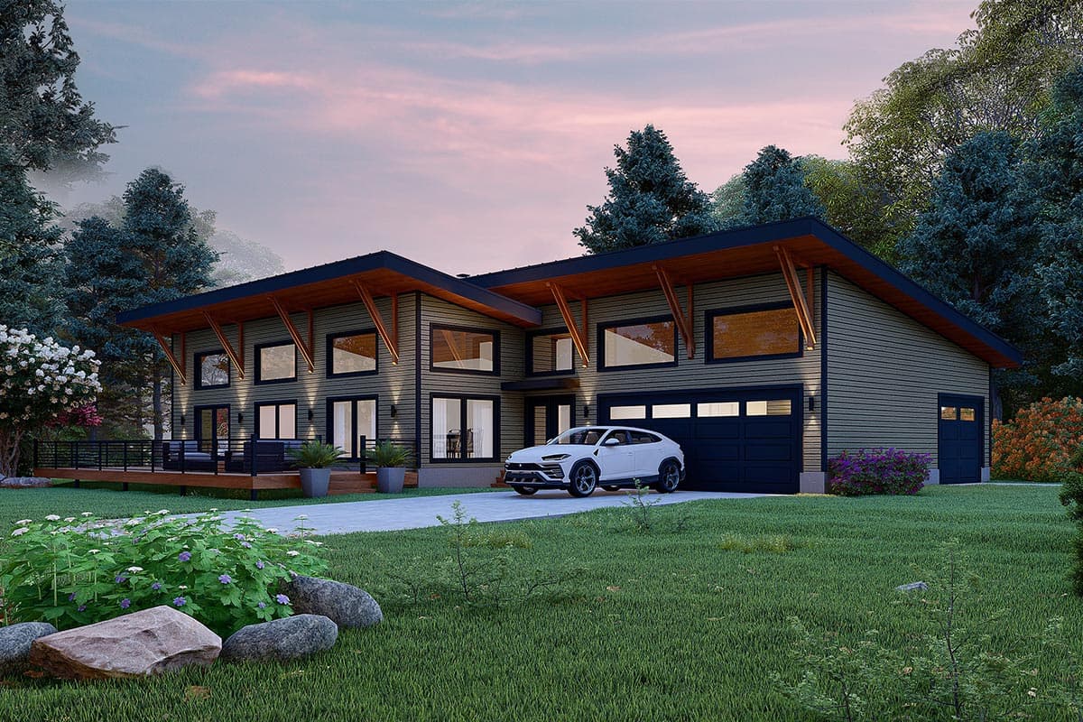House plan exterior with two stories and a modern design. Features include a flat roof, large windows, and a detached two-car garage.