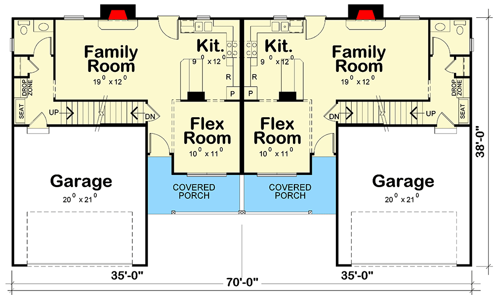 Plan 42727DB: New American Duplex House Plan with 3 Bed 2 Car Units Under 1500 Square Feet - Floor Plan - Main Level - New American, Traditional