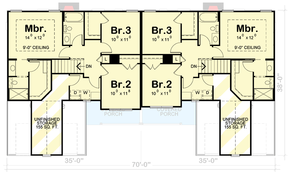 Plan 42727DB: New American Duplex House Plan with 3 Bed 2 Car Units Under 1500 Square Feet - Floor Plan - 2nd Floor - New American, Traditional